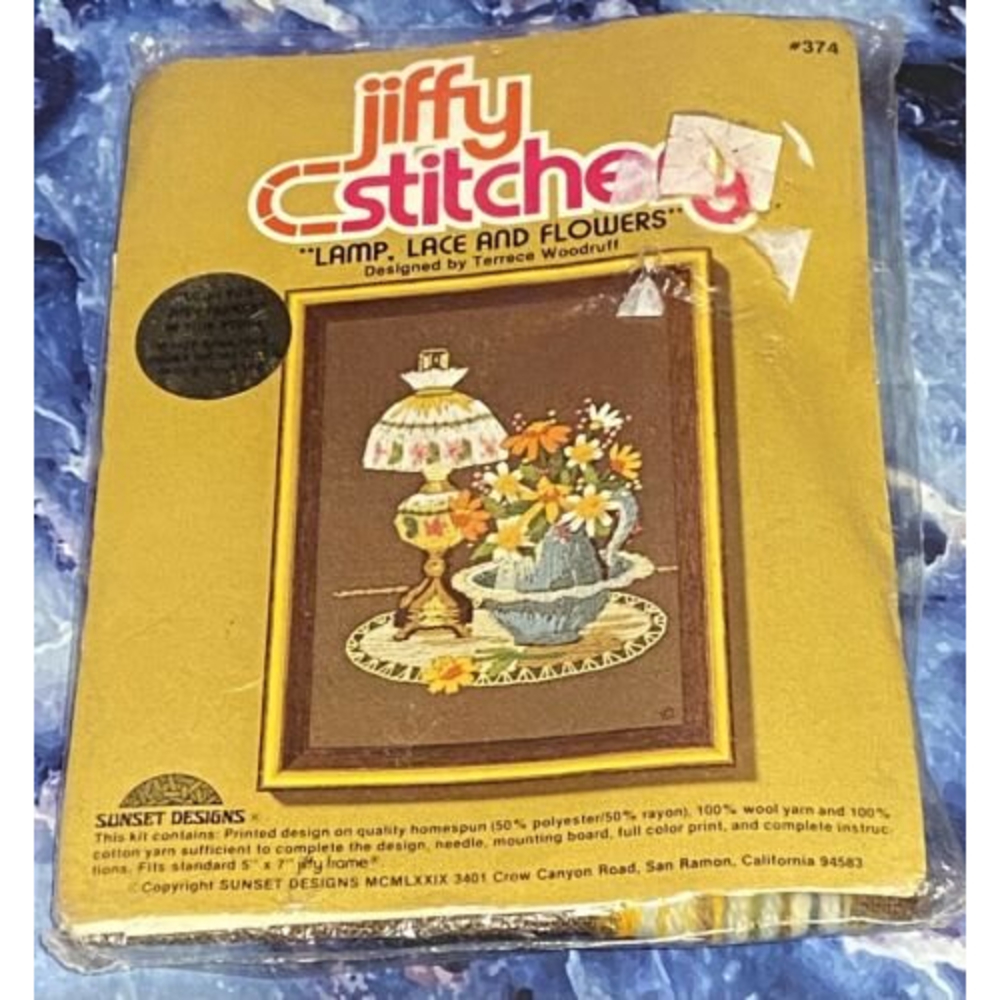 Vintage NOS Jiffy Stitchery Kit Lamp Lace Flowers by Terrece Woodruff